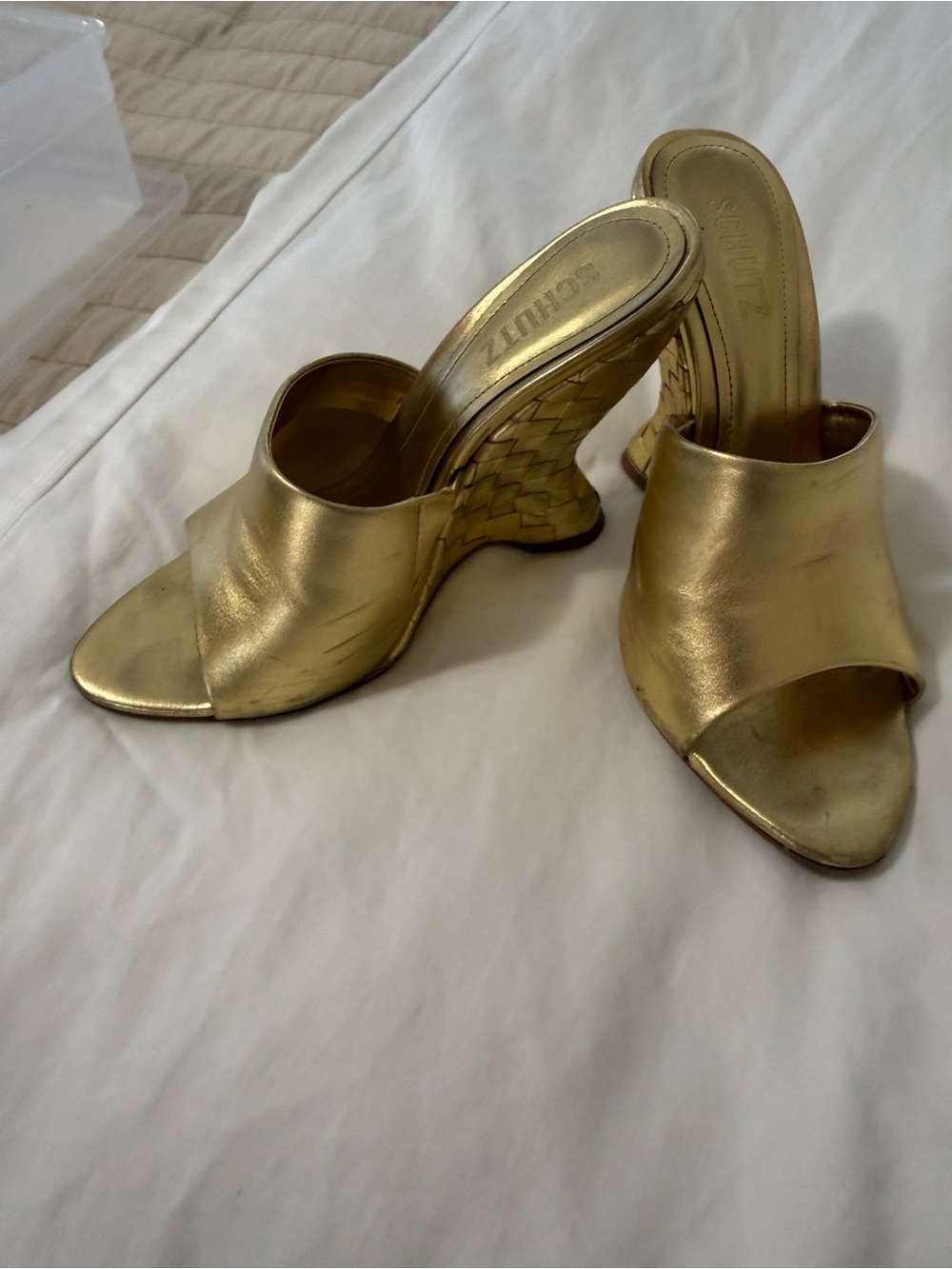 SCHUTZ Metallic Gold Woven Wedge Slide Mules - Picture 9 of 9